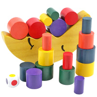 Wooden Moon Balancing Game with colorful blocks for kids' educational stacking, enhancing motor skills and hand-eye coordination.