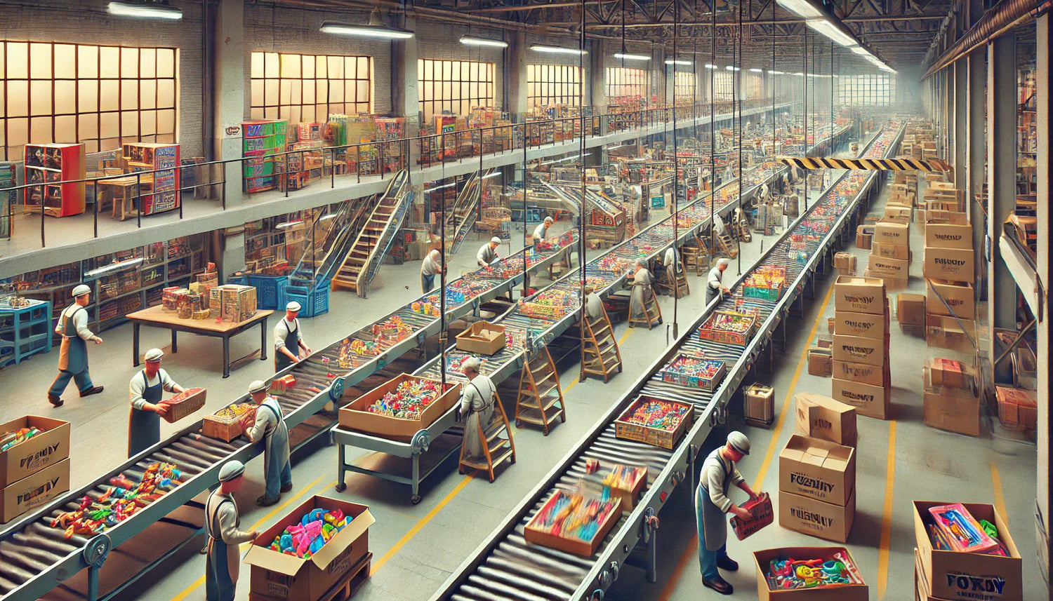 Workers assemble conventional toys on a busy production line in a factory setting.