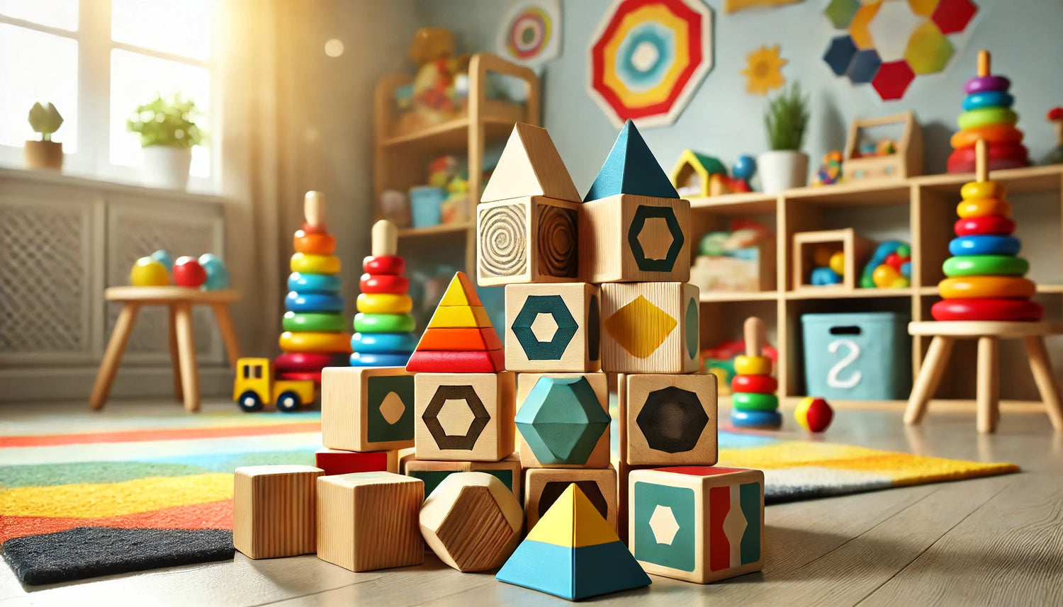 Colorful wooden blocks and toys in a bright playroom, highlighting the simplicity and educational value of wooden toys.