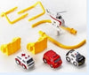 Adventure Parking Lot Car Track toy set with cars, helicopter, and track pieces for kids' interactive play.