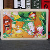 Wooden animal puzzle featuring playful cartoon animals in a colorful outdoor scene, perfect for children’s learning and fun.