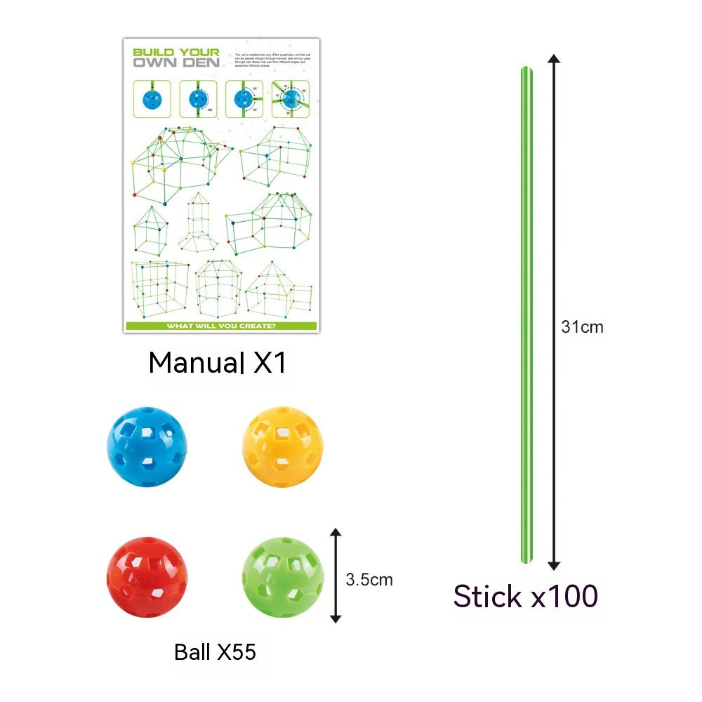 DIY Fort Building Kit components including instruction manual, multicolor balls, and green rods for creative playhouse construction.