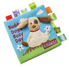 Soft baby cloth book with dog embroidery, sensory tags, and vibrant colors for interactive learning and play.