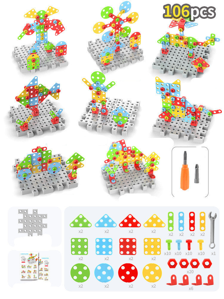 Kids drill puzzle building kit with colorful pieces and tools for creative construction and learning.