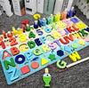 Wooden 3D alphabet and number puzzle toy for toddlers, featuring colorful letters and numbers on a board for educational play.