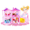 Pink DIY dollhouse villa with furniture and cartoon girl, perfect for creative play and storytelling.