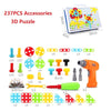 Kids drill puzzle building kit with 237 colorful accessories, plastic drill, and screws for creative construction play.