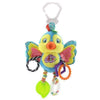 Soft bird plush stroller toy with sensory features for babies, including colorful wings and attached rattles for interactive play.