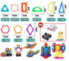 Magnetic Building Blocks Set with various geometric shapes, colorful pieces, and toy cars for creative and educational play.