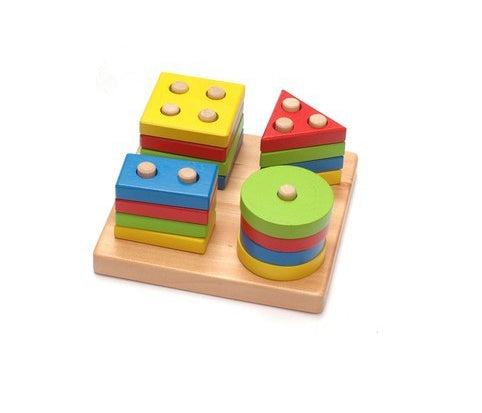 Colorful wooden geometric shapes puzzle for kids' educational learning and play on a wooden base.