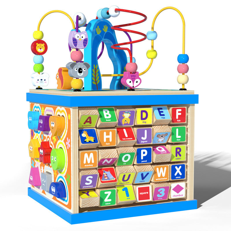 Multi-functional wooden activity cube toy with bead maze, shape sorters, and alphabet blocks for toddlers' educational play.