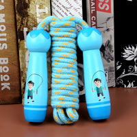 Wooden skipping rope for kids with blue cartoon handles, perfect for fun exercise and active play.