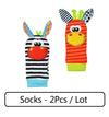 Colorful plush baby rattle foot socks set, 2 pieces, with animal faces, promoting sensory development and motor skills.