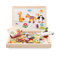 Magnetic puzzle drawing board with animal shapes, double-sided wooden easel, whiteboard, chalkboard, and storage box for kids.