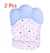 Blue silicone baby teething glove with colorful dots and Velcro strap for soothing gum relief, shown in a two-piece set.