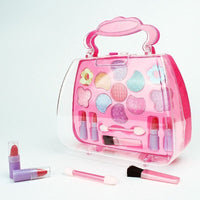 Kids pretend play makeup kit with lipstick and brush set in a pink carrying case, designed for safe, washable fun for young girls.