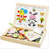 Wooden magnetic puzzle board with animal designs, drawing and writing surface, and colorful magnetic pieces for kids' creativity.