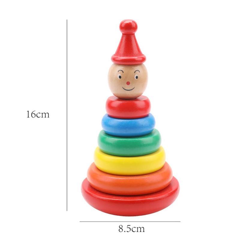 Colorful wooden rainbow stacking toy with smiling figure for early learning and development, 16cm height and 8.5cm width.