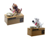 Robotic dog piggy banks in brown and white, interactive coin-eating money boxes for kids and dog lovers.