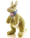 Kangaroo plush toy with baby joey in pouch, wearing an Australian flag bandana, made of soft fabric, perfect for cuddling and gifting.