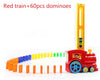 Red electric domino train toy laying colorful dominoes in a curve, with 60 pieces included for interactive and creative play.