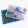 Colorful peg puzzle toy with interlocking pieces for creative play and design on a blue baseboard.