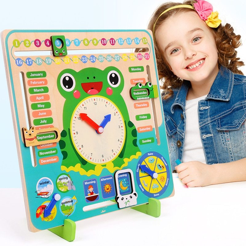 Montessori Wooden Calendar Clock with child, educational toy for teaching time, seasons, and weather concepts.