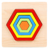 Wooden geometric shape puzzle with colorful hexagon pieces for kids' educational play and color recognition development.