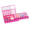 Children's makeup toy set with colorful heart-shaped eyeshadows and blushes in a pink case, perfect for pretend play.