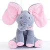 Interactive Peek-A-Boo Elephant Plush Toy with pink ears, designed for singing and hide-and-seek play for children.