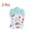 Two baby teething gloves with blue silicone top, paw and face print fabric, designed for soothing gums and sensory stimulation.