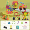 Colorful magnetic building blocks set with geometric shapes for early learning and creativity, includes storage box and guide.