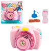 Pink camera-shaped bubble machine toy with music and lights, includes bubble solution and accessories for children's fun.