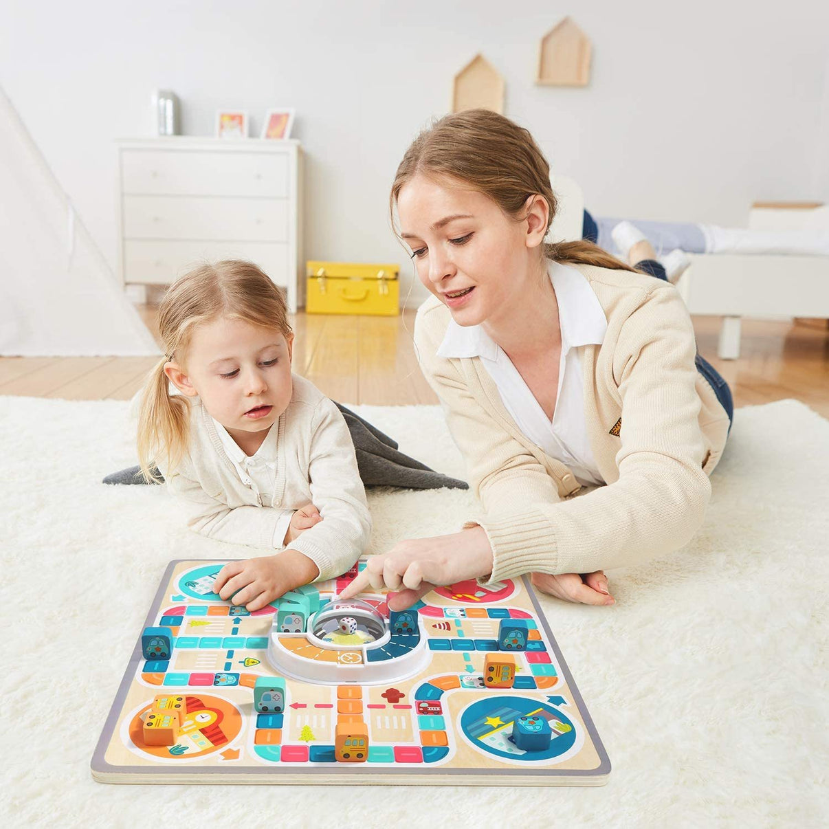 Parent and child playing with wooden flying chess board game enhancing social skills and family interaction.