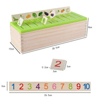 Wooden knowledge classification box for early learning with colorful numbers and shape sorting features.