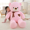 Plush pink teddy bear doll with ribbon, perfect for cuddling or gifting, shown with a person for size comparison in a cozy room.