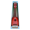 Red children's toy ukulele in packaging, retro simulation guitar for kids' musical play and creativity development.