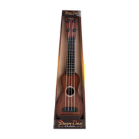 Children's retro toy ukulele in packaging, realistic design, musical play for kids.