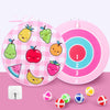 Colorful children’s sticky ball dart board with cartoon fruit designs and numbers, featuring colorful balls for interactive play.