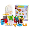 Educational wooden alphabet puzzle set with colorful letters and learning cards designed for early childhood development.