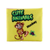 Soft cloth baby book with "Cute Animals" cover featuring a monkey illustration, designed for early sensory learning.