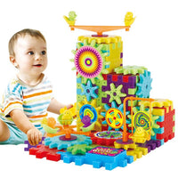 Child playing with 3D electric gear building blocks educational puzzle kit for kids, promoting creativity and learning.