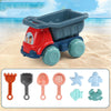 Kids beach toy set with colorful trolley and sand molds on a sandy beach background.