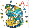 Colorful wooden dragon puzzle with intricate details and natural animal pieces, perfect for creative decor and unique gifts.