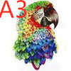 Colorful parrot made of overlapping vibrant feathers, featuring a striking blend of red, green, and blue hues.