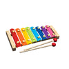 Colorful rainbow xylophone with two red mallets on a white background.