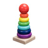 Rainbow-colored wooden stacking toy for babies on wooden base.