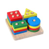 Colorful wooden stacking blocks in geometric shapes on a wooden base, promoting Montessori learning and sensory development for babies.