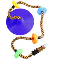 Colorful climbing rope swing with platforms for backyard play. Ideal for kids' outdoor fun and skill development.