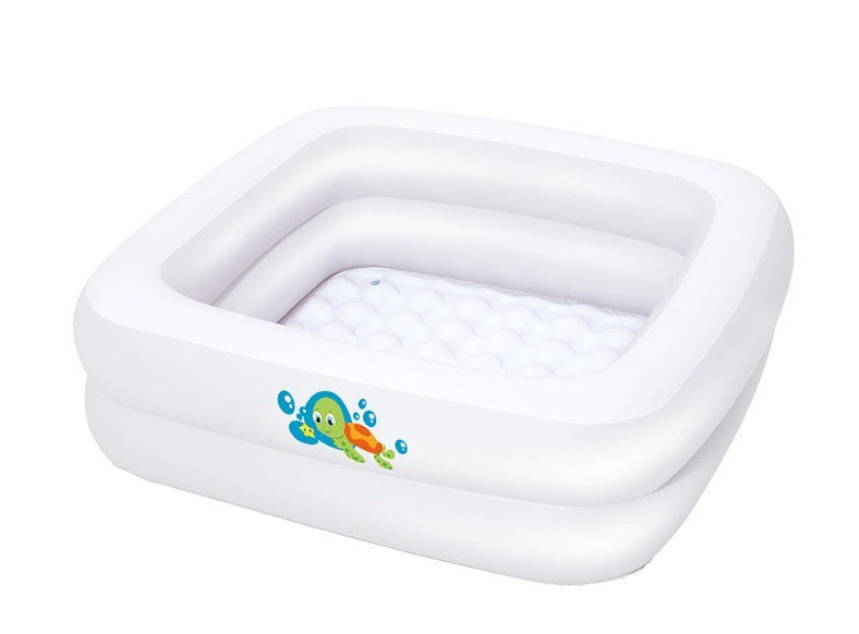 White baby inflatable bathtub with cute sea creature design, ideal for infants and toddlers. Lightweight PVC paddling pool for bath time.